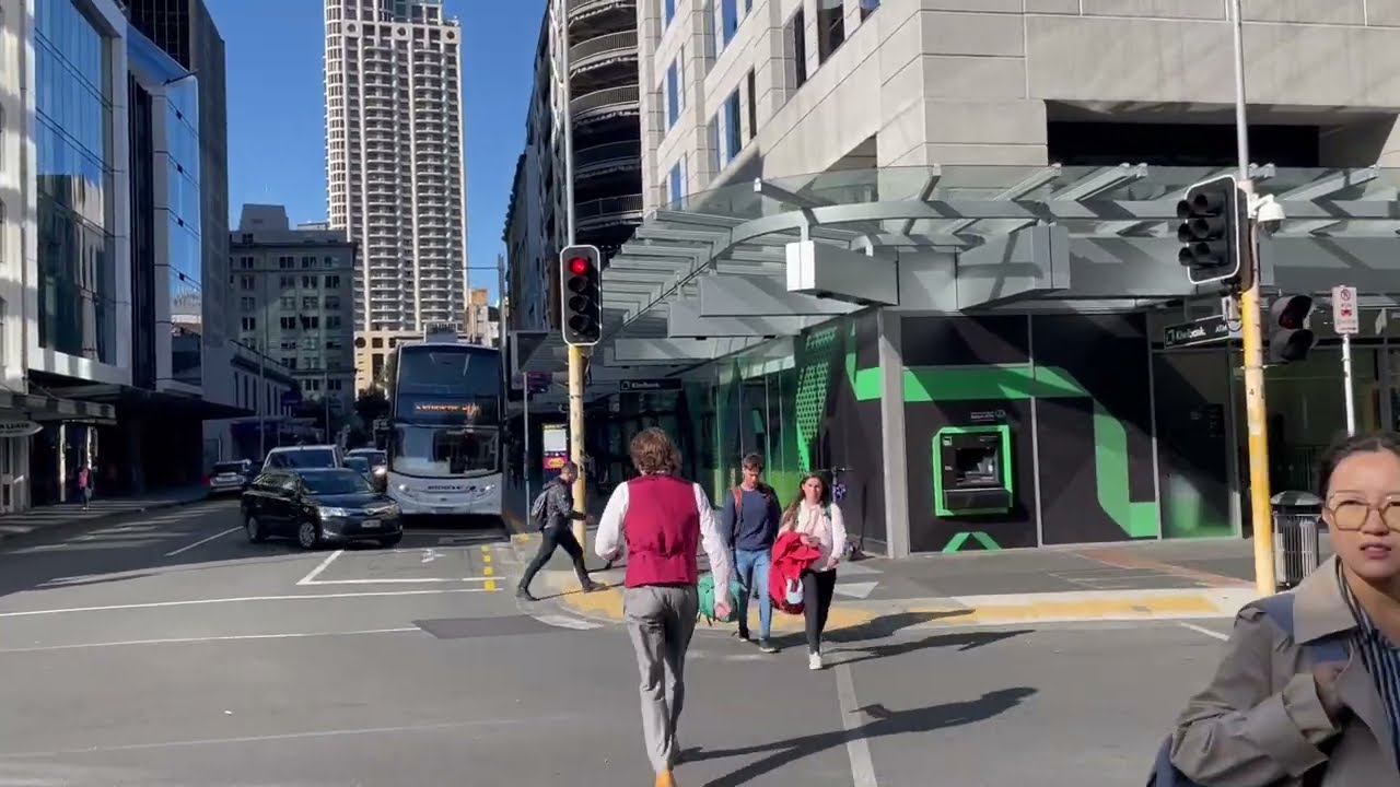 Auckland Downtown Morning Walk, CBD and City Center on Customs Street. 
