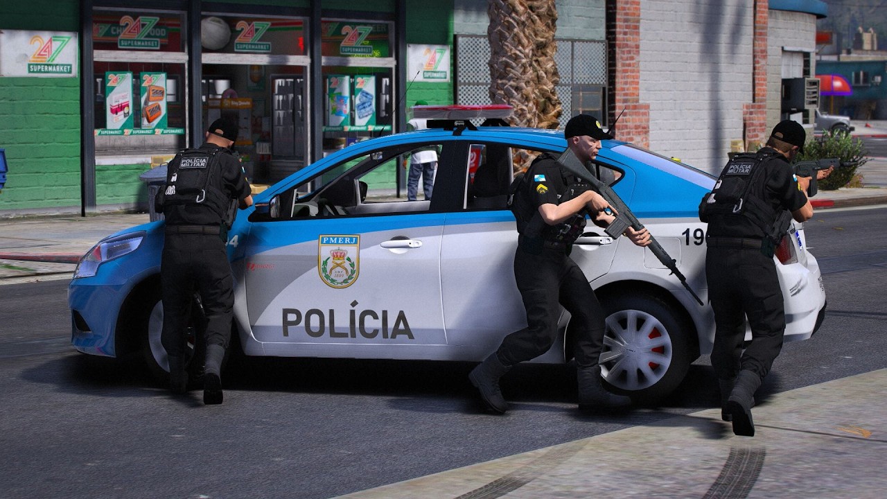 POLÍCIA MILITAR DO RIO TROCA T1R0S COM INDIVÍDUOS NO MEIO DA RUA - POLICIA NO GTA 5