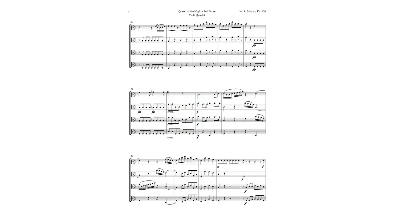 Queen of the Night Aria by Mozart for Viola Quartet | SHEET MUSIC
