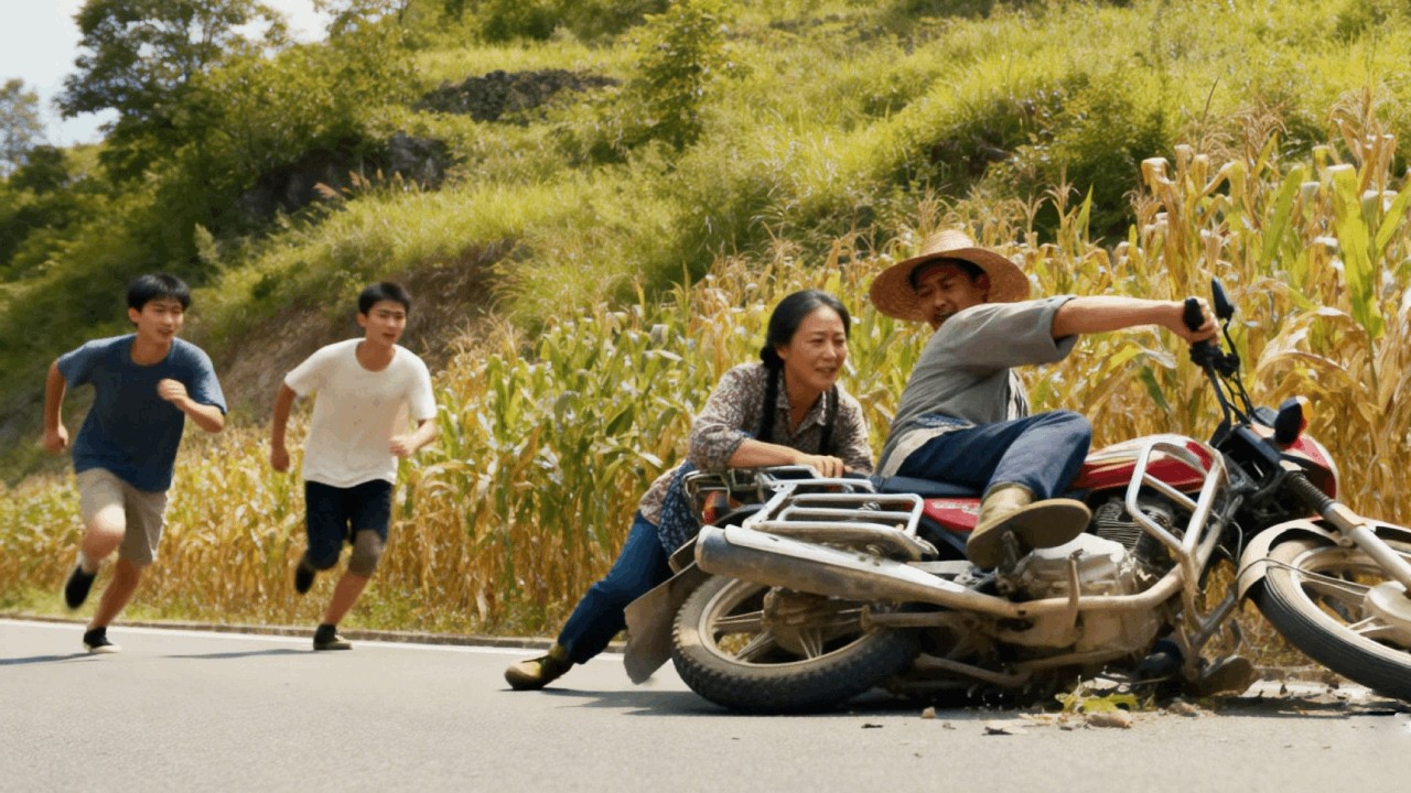 A righteous passerby helps a pedestrian who has been run over by a motorcycle