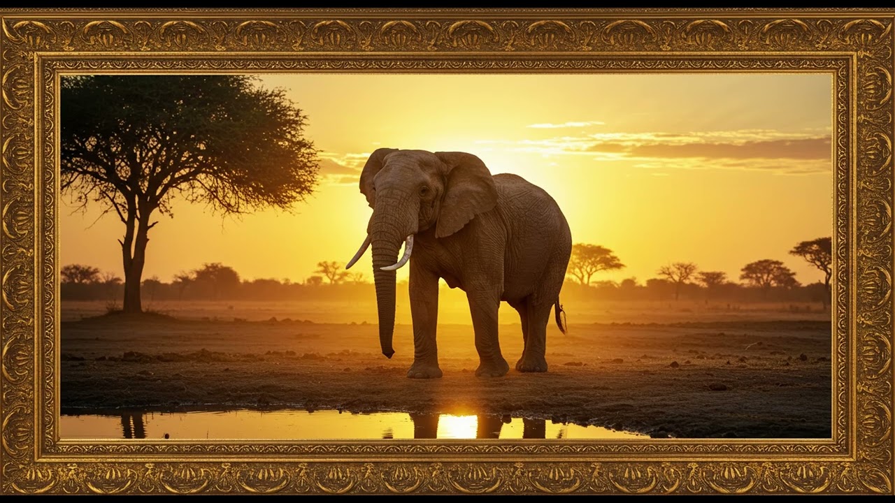 Frame TV Art - Framed Art TV Background: Golden Hour Majesty African Elephant at Sunset