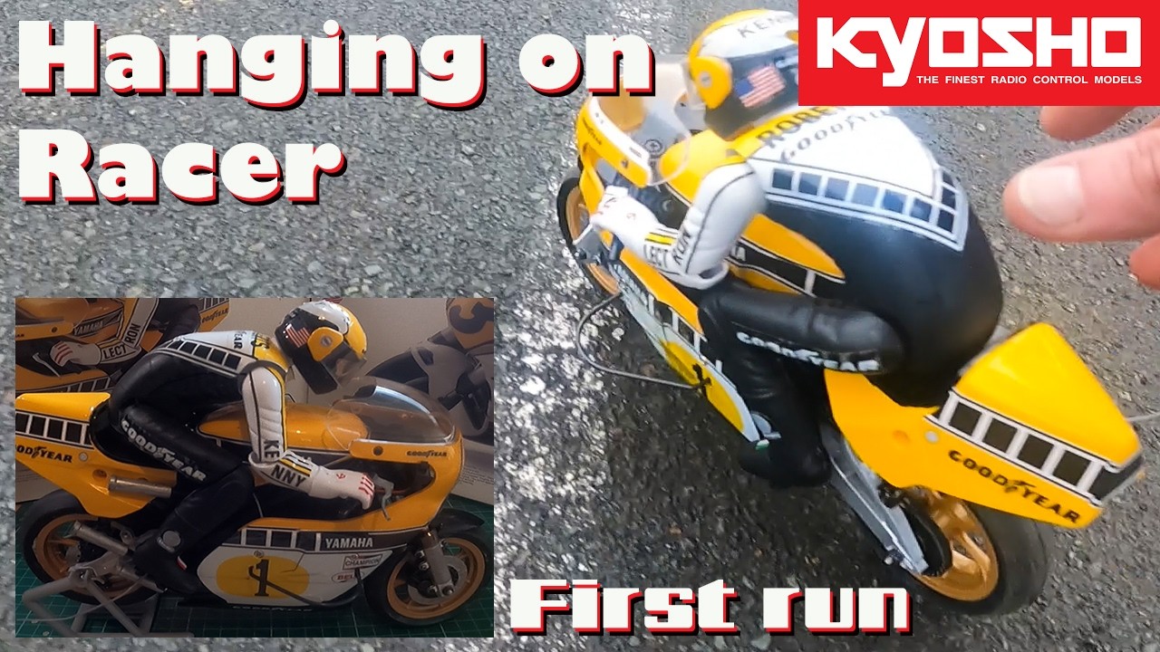 Kyosho Hanging on Racer new build and first run! RC Kenny Roberts YZR500. Few crashes but it took it