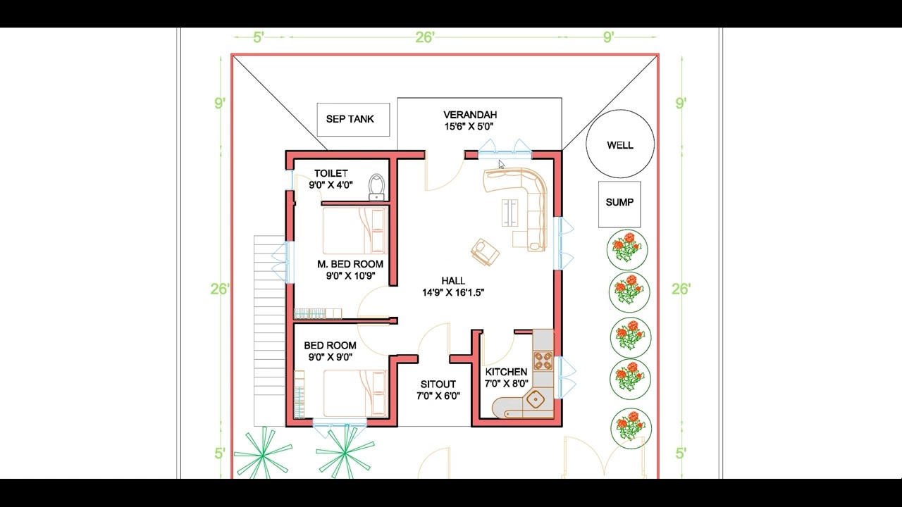 SOUTH FACING VASTU PLAN 26' X 26' - தெற்கு பார்த்த வாஸ்து வீடு 676 சதுரடி
