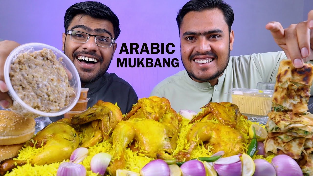 Chicken Mandi, Mutabbaq, Masoob, Hummus | Arabic Food Mukbang Asmr