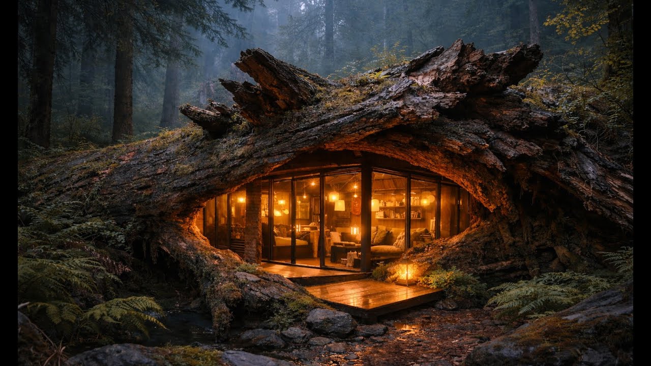 Built a Secret Glass House Inside a Giant Fallen Tree