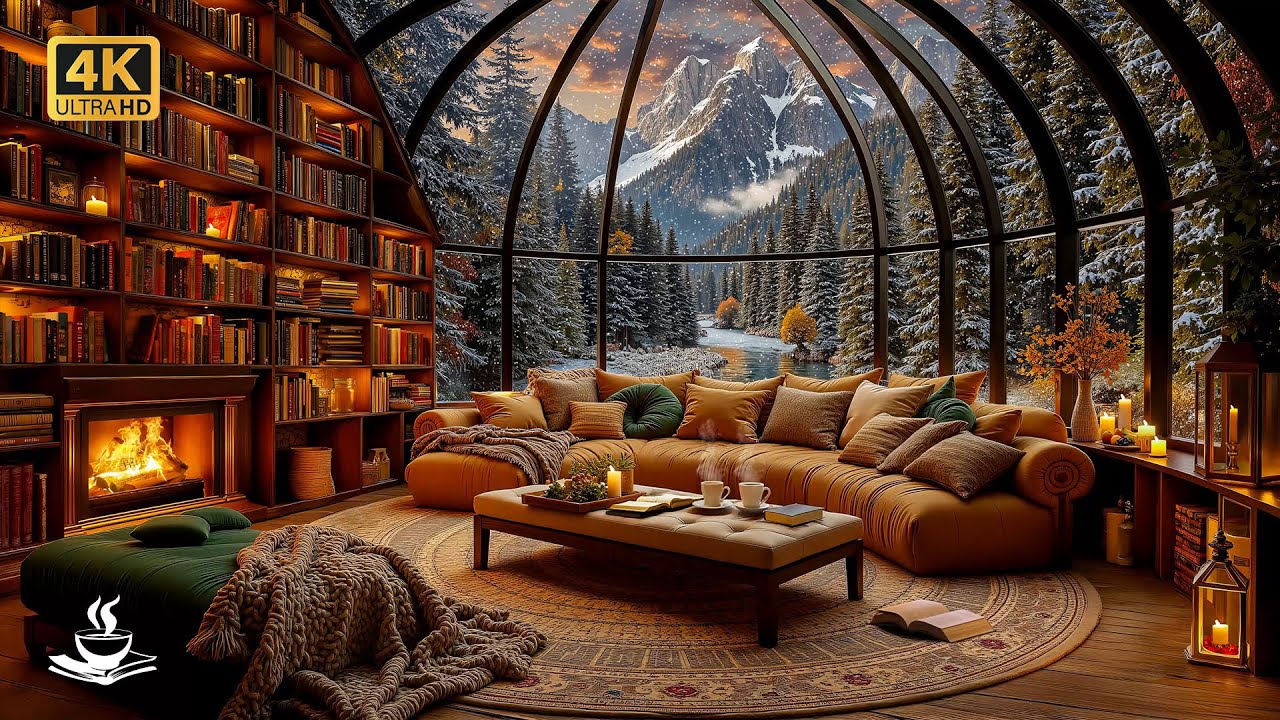 Winter Library Sanctuary ❄️ Velvet Jazz Glow in a Glass-Dome Cabin with Snowfall & Cozy Reading Nook