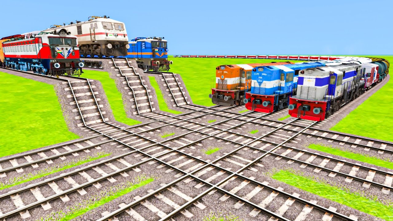 3️⃣ DIESEL TRAINS VS THREE ELECTRIC RISKY TRAINS BIGGEST ACCIDENT AT DOWN STAIRS RAILROAD🔺TrainsFun