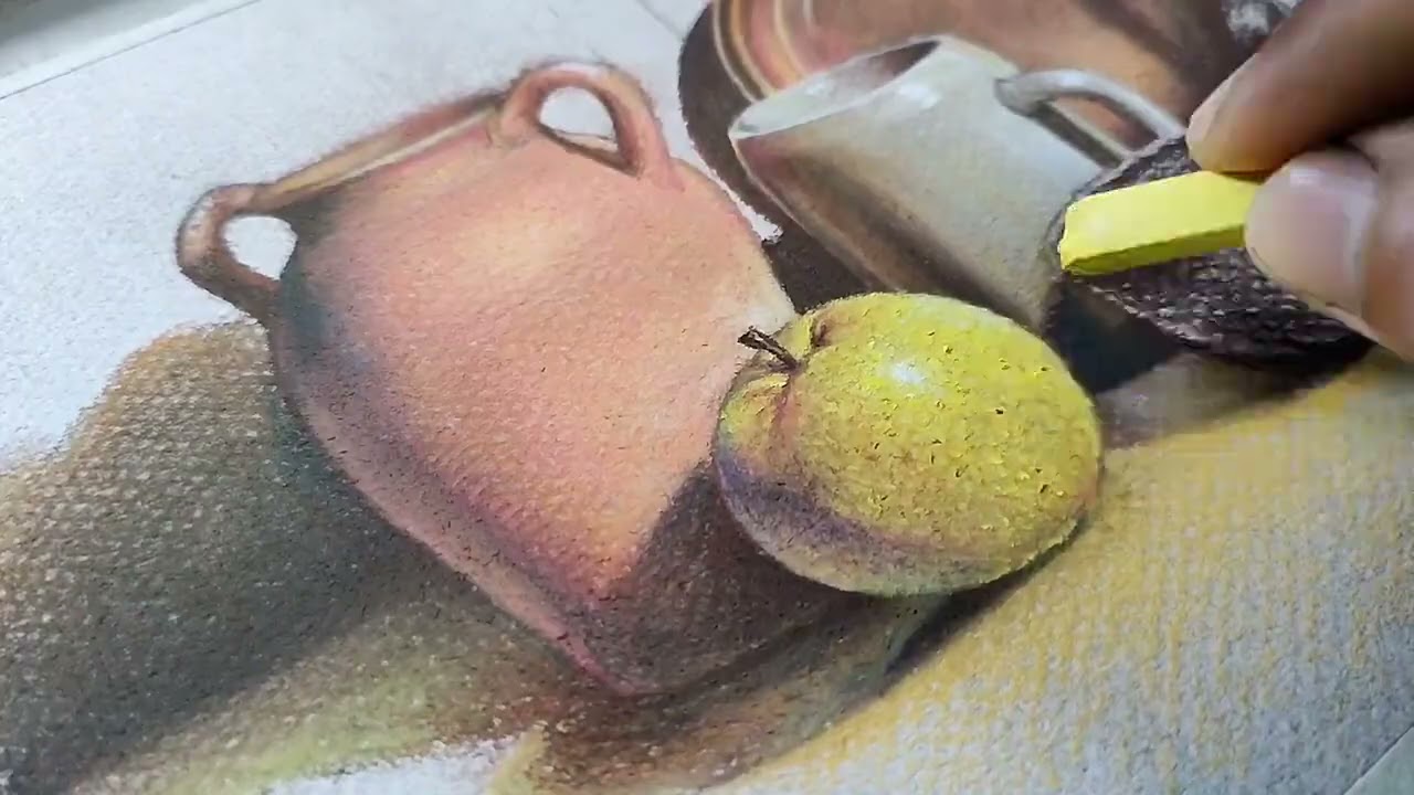 Pintando com giz pastel, bodegón esboço e pintura. Time lapse