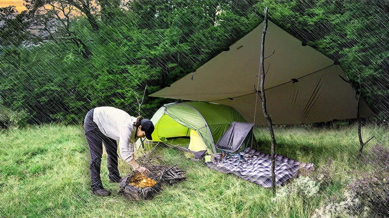 Solo Tent Camping in RAIN with a Cozy Warm Campfire ( Beautiful Scenery )
