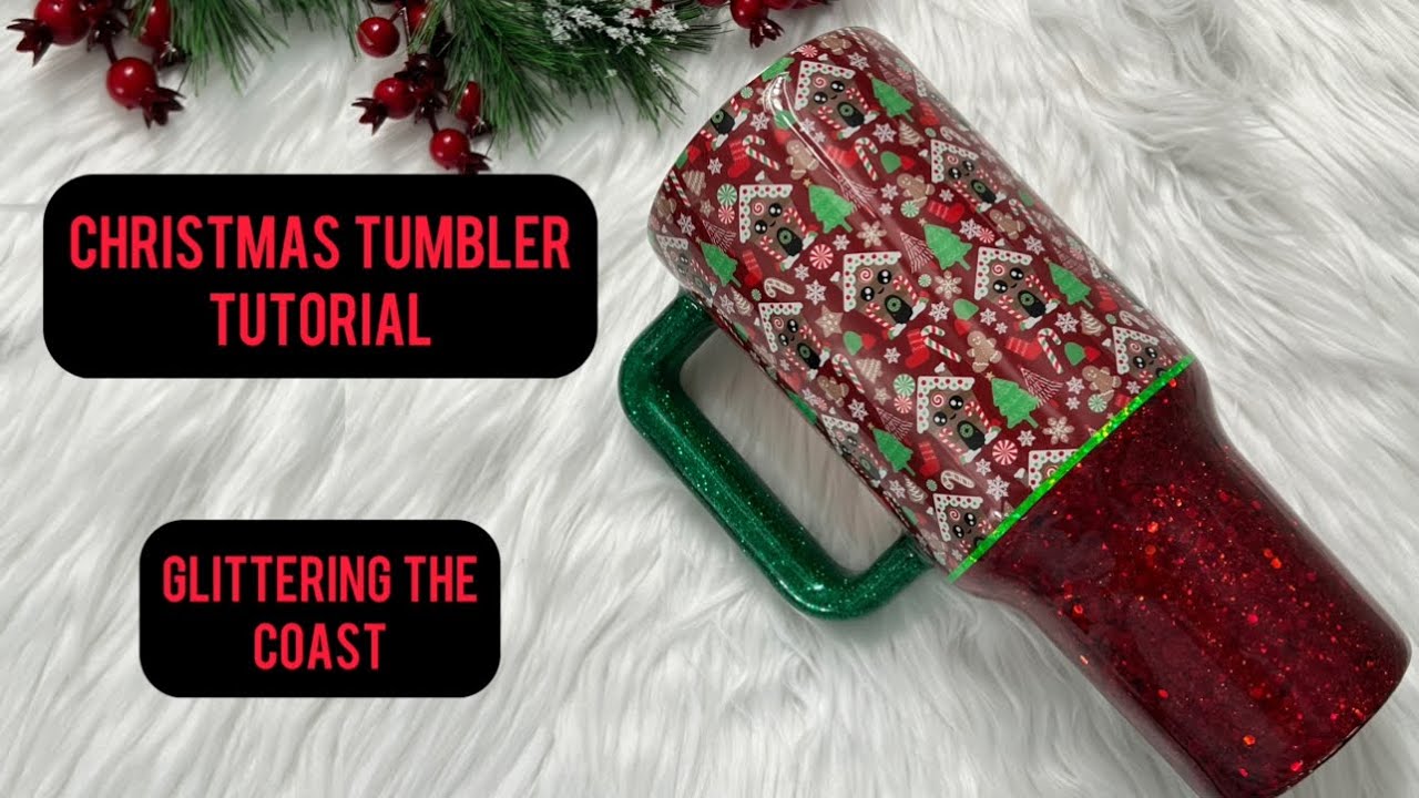40 oz. Glittered Christmas Tumbler with Epoxy, Printed Vinyl, and Holographic Vinyl Striping.