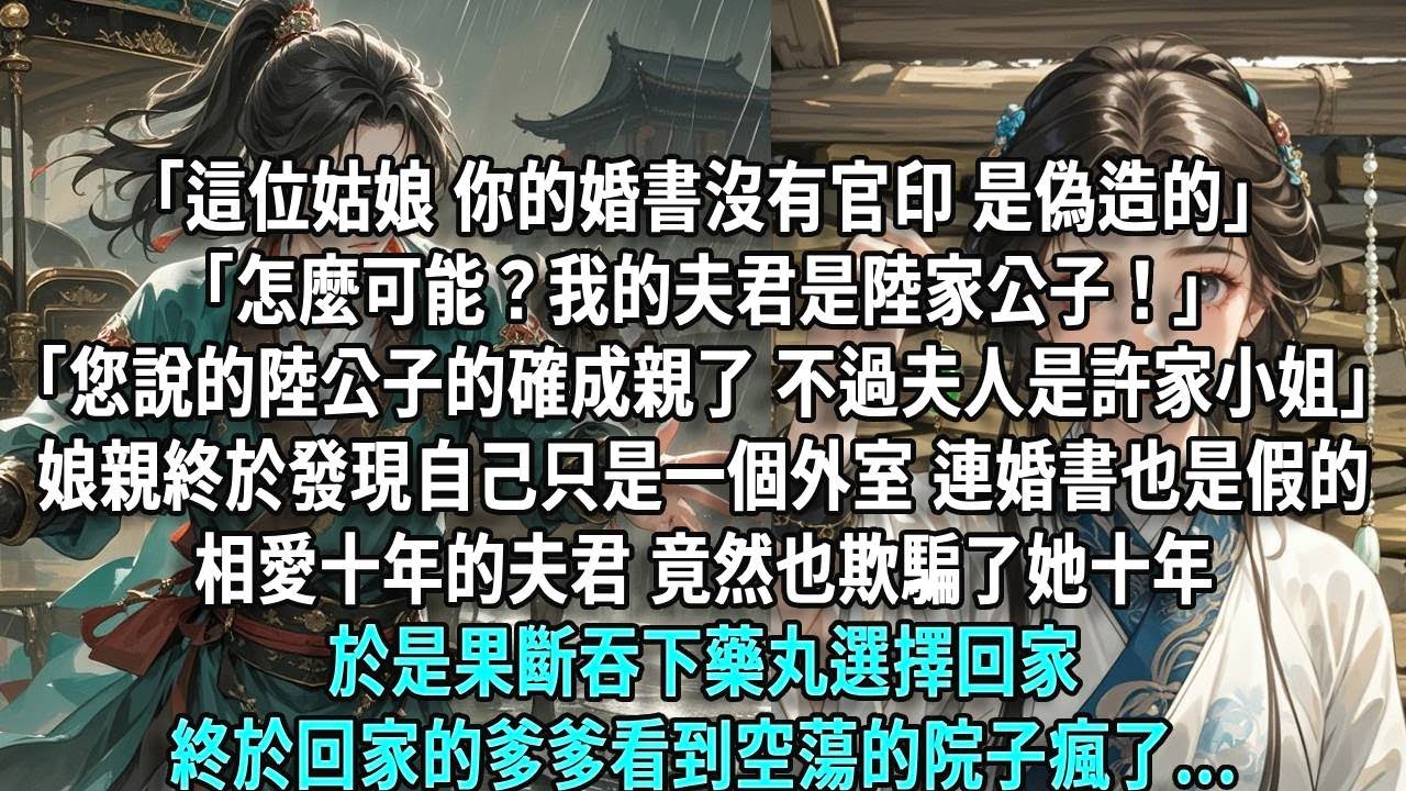 「這位姑娘，你的婚書沒有官印，是偽造的。」「怎麼可能？我的夫君是陸家公子！」「您說的陸公子的確成親了，不過夫人是許家小姐。」娘親終於發現自己只是一個外室，連婚書也是假的。相愛十年的夫君，竟然也欺騙了她