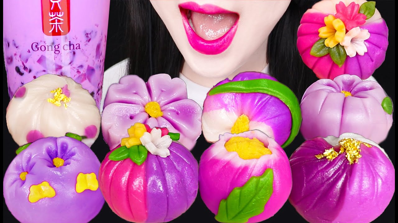 ASMR PURPLE WAGASHI, SWEET BEAN CAKE, TARO BUBBLE TEA 보라색 꽃 케이크, 화과자, 타로 버블티 먹방 EATING SOUNDS