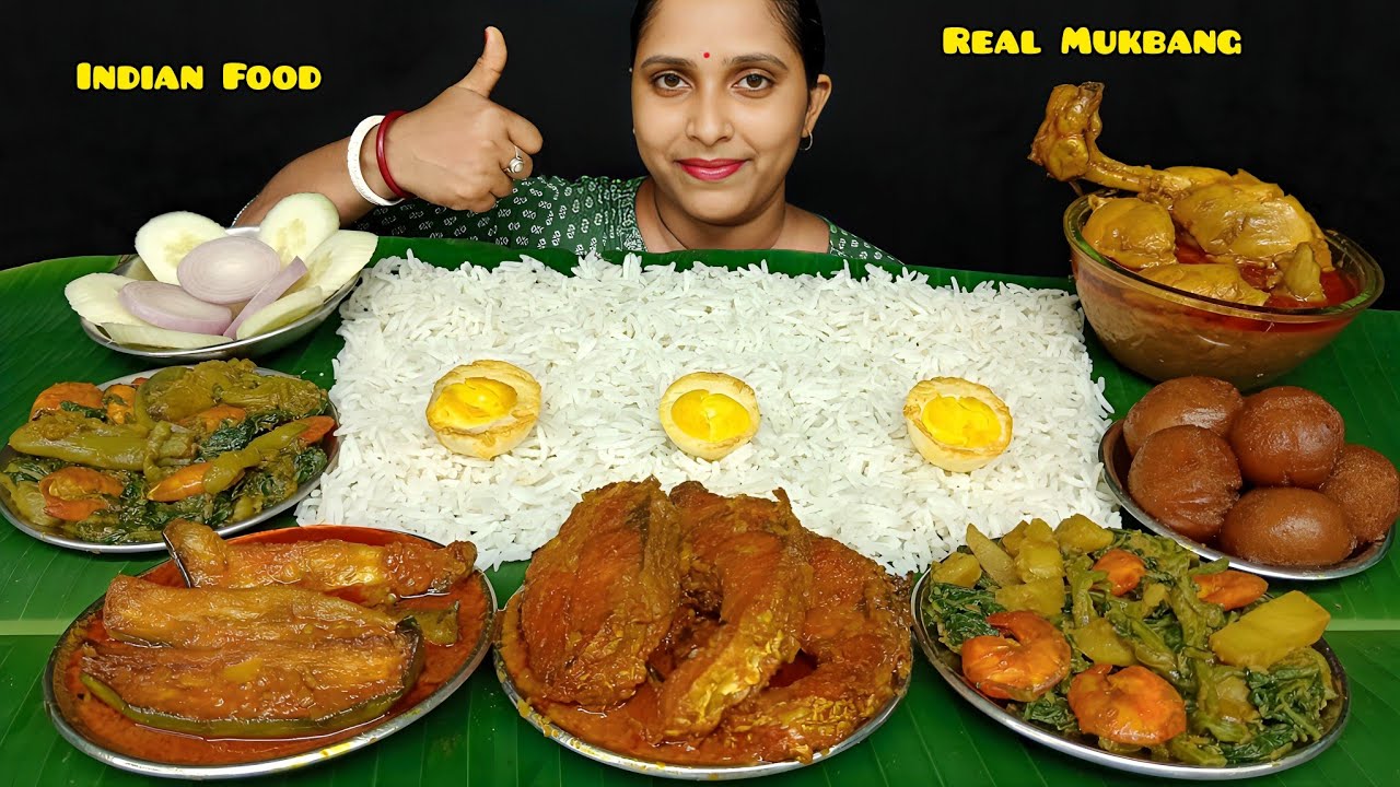 Eating Chicken Curry, Katla Fish Kalia, Brinjal Masala Curry, Kochu Shaker Torkari, Rice, Sweets 