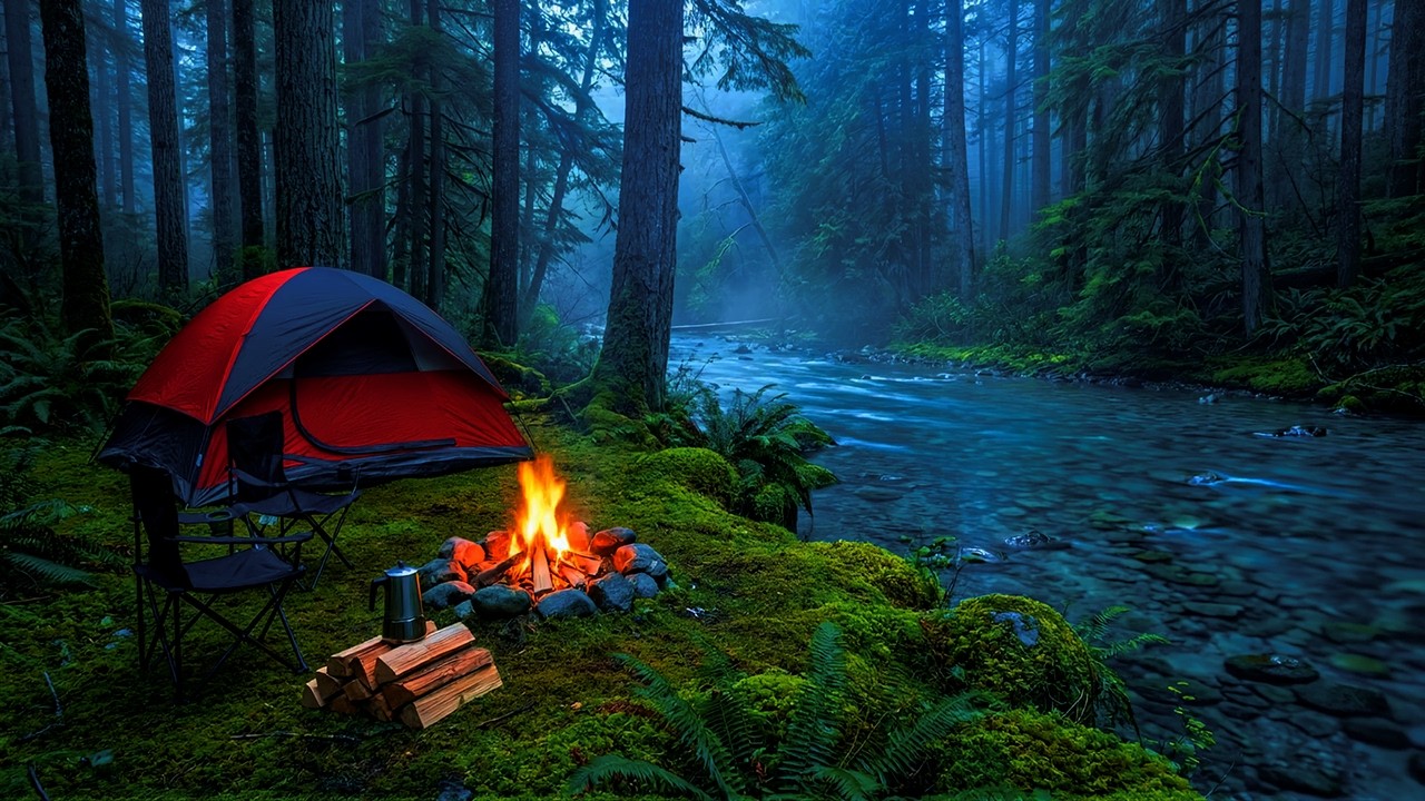 Cozy Campfire by the River in Deep Forest | Calm Stream Sounds for Deep Sleep