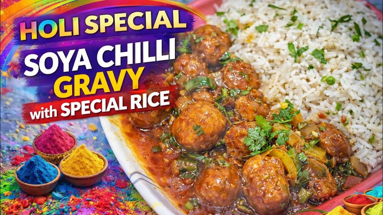 Holi Special Soya Chilli Gravy with Special Rice 🌈 Festive Veg Recipe 