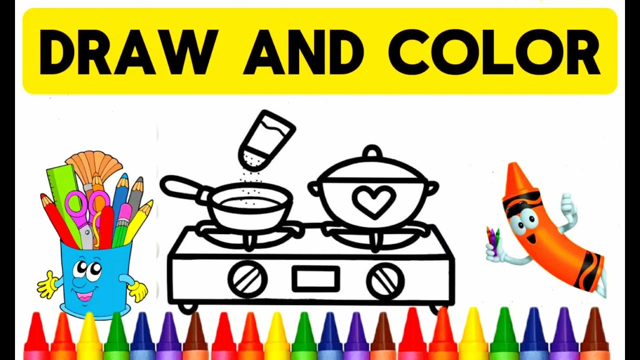 #830 learn how to DRAW and COLOR kitchen Marterials for kids | pot |gas stove|Plates| Nursery Rhymes