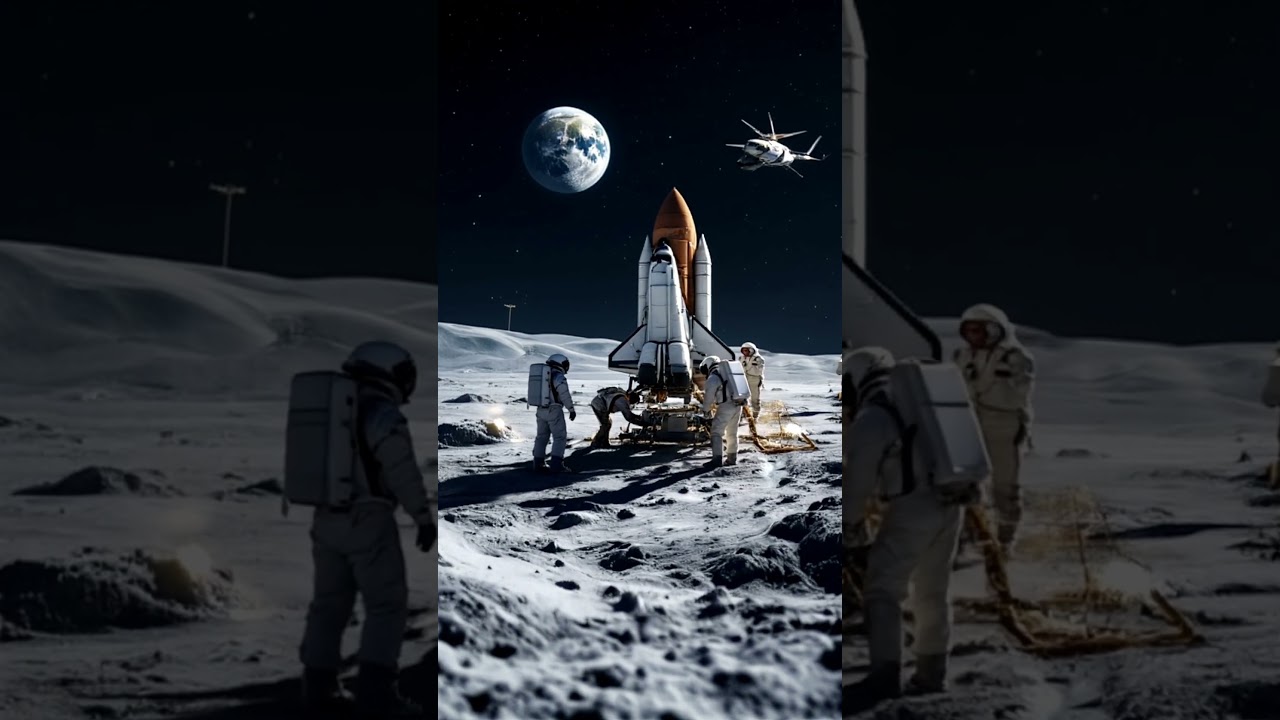 Astronauts Walking Around a Space Shuttle on the Moon &ndash; Stunning Footage