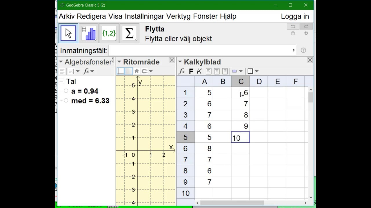 Beräkna standardavvikelse i GeoGebra version 1