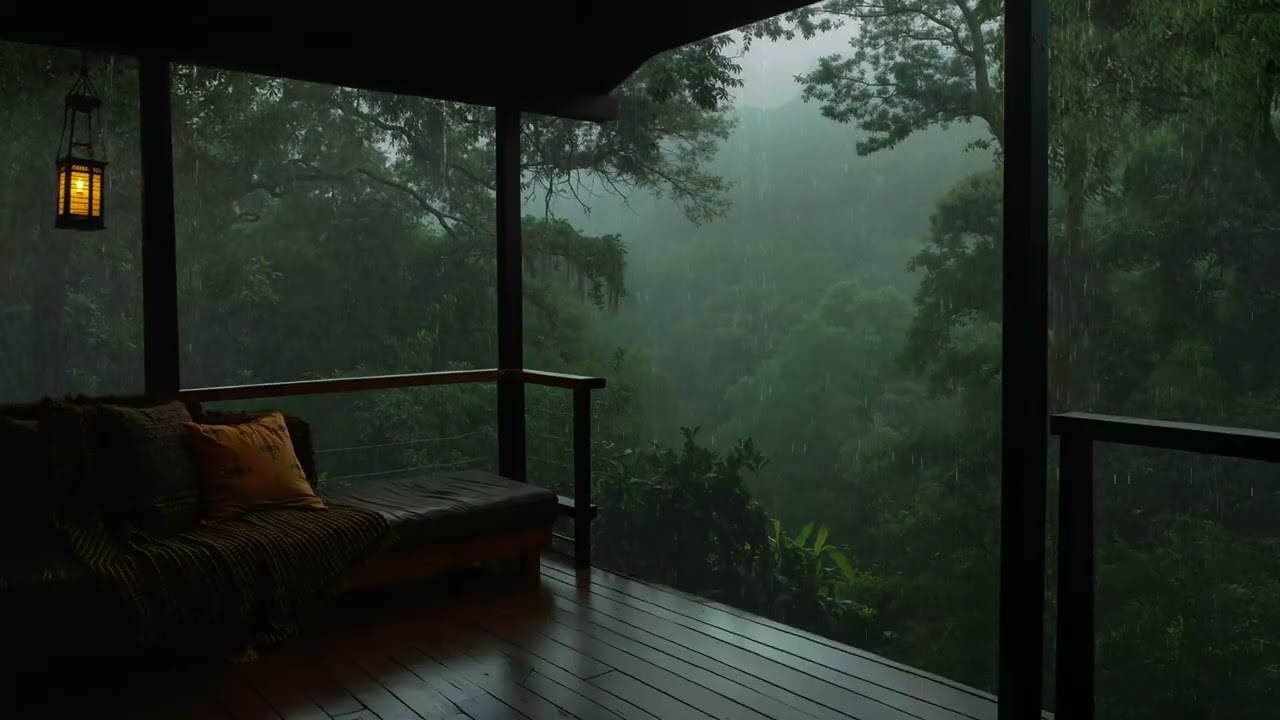 Forest Rain Ambience - Cozy Cabin in Tropical Forest for Deep Sleep