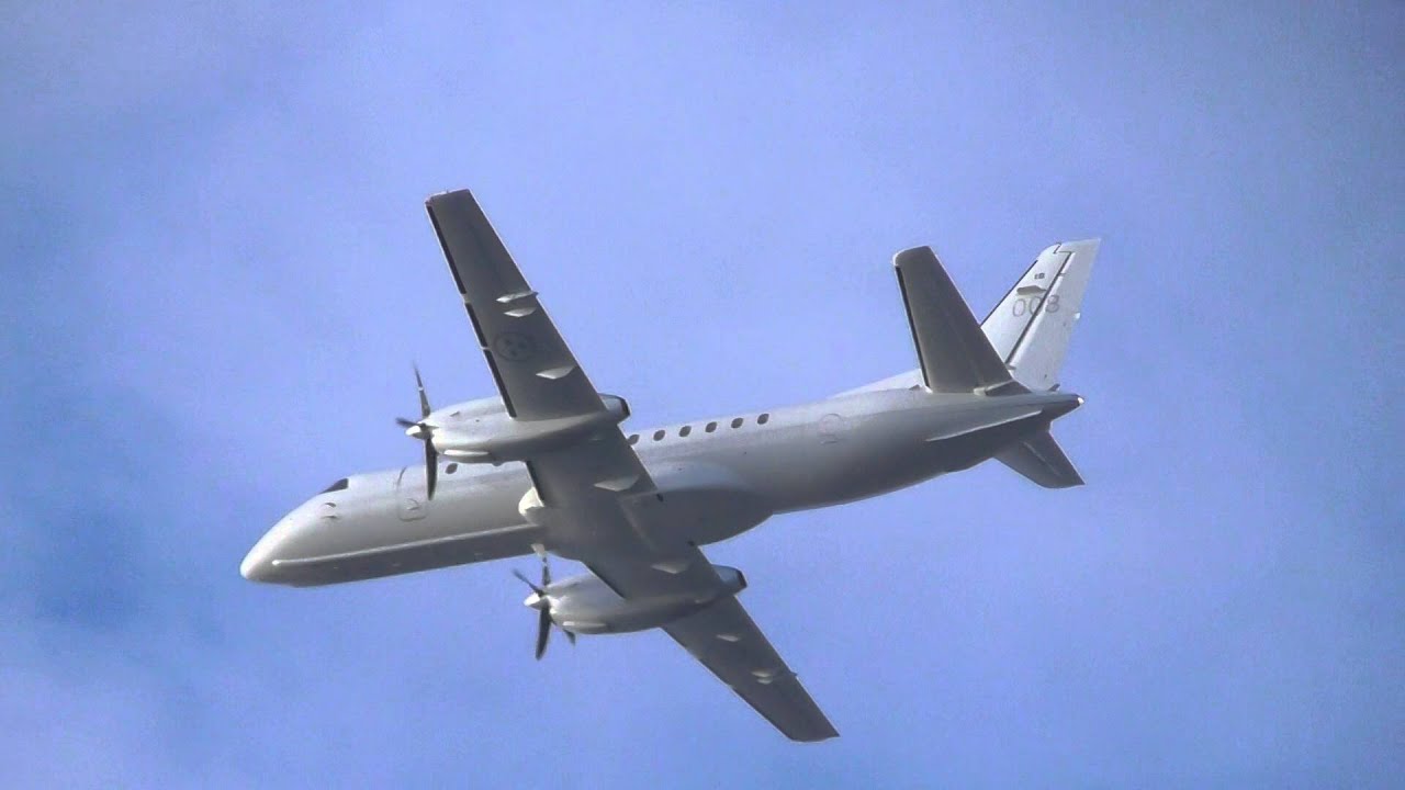 Swedish Air Force Saab 340 sf34 100008 leaves Cambridge UK 19jan16 225p