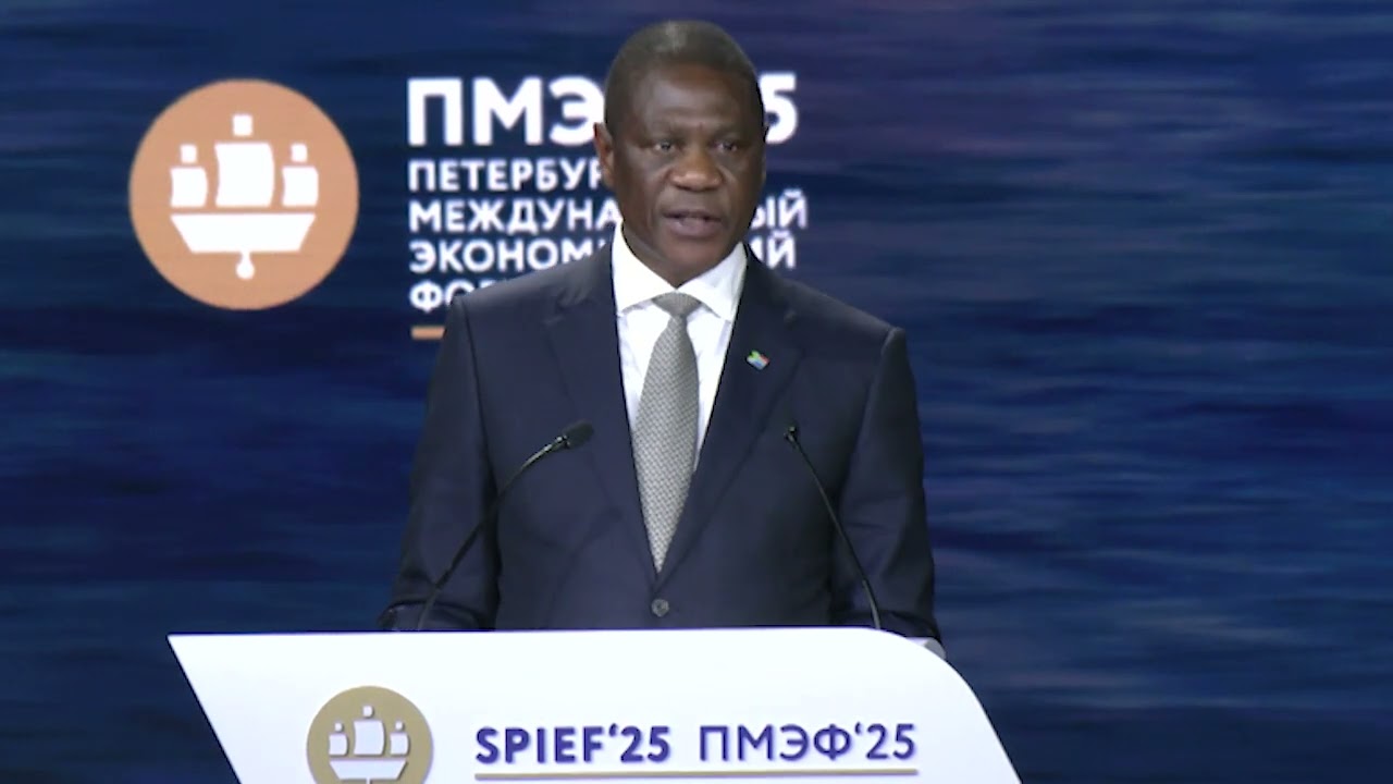 Deputy President Paul Mashatile delivers remarks at SPIEF'25 plenary.