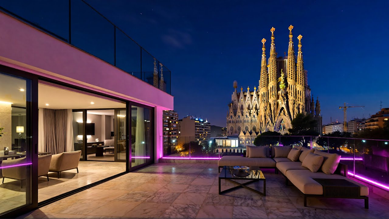 Barcelona Luxury Terrace Night 🌃 Sagrada Família Pink Neon Views | Lo-Fi Chill Beats to Study/Relax