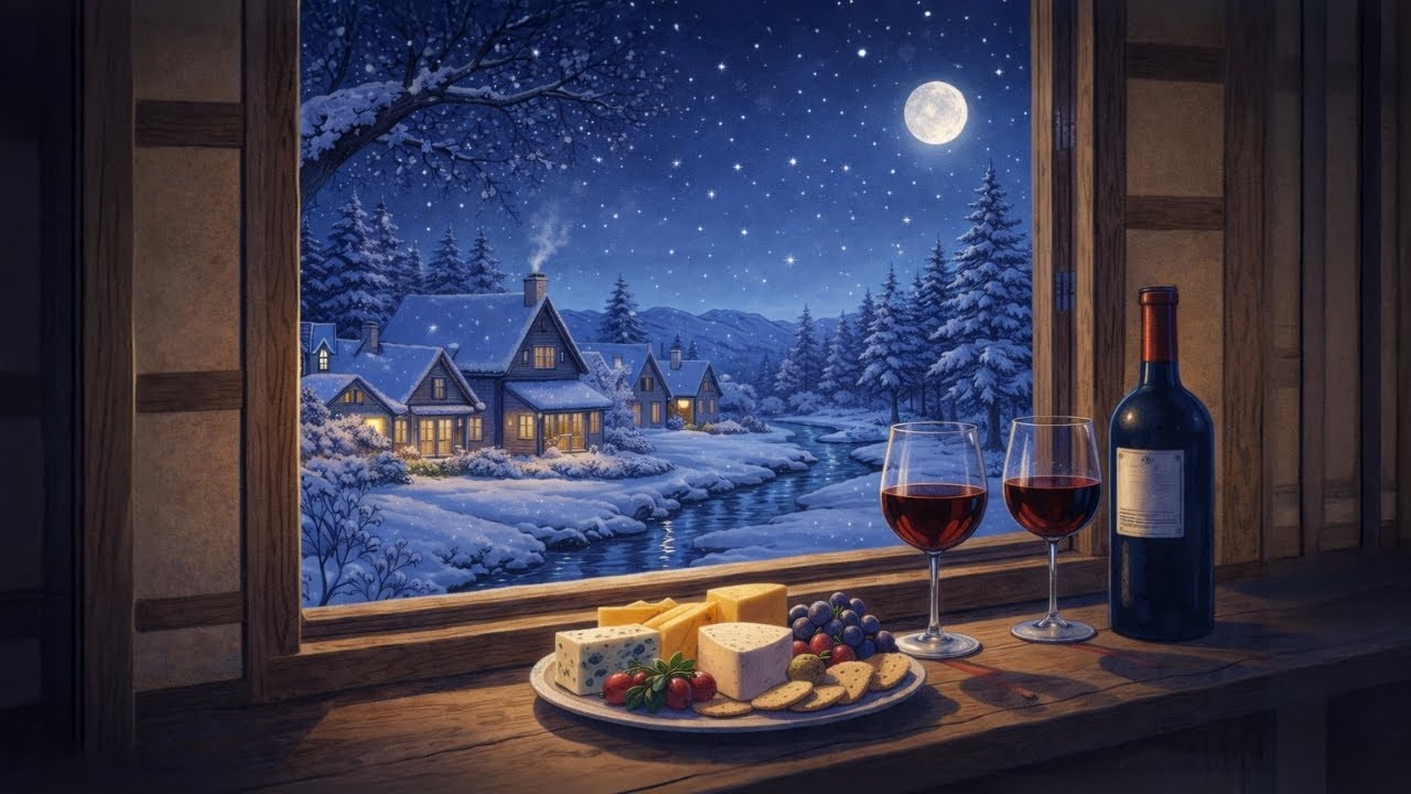 Cozy Winter Village Night Ambience ❄️ Snowfall, Moonlight & Relaxing Music