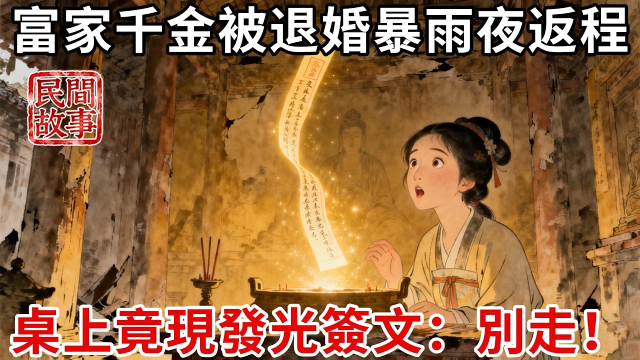 富家千金遠嫁父母意外身亡，在婚禮上被夫家退婚趕出家門，暴雨夜返程途中遇破廟，垂淚禱告桌上竟浮現發光簽文，上面寫著：別走！明日午時良緣將到！#民間故事 #傳統文化 #原創虛構 #華語有聲書 #槐樹下聽書