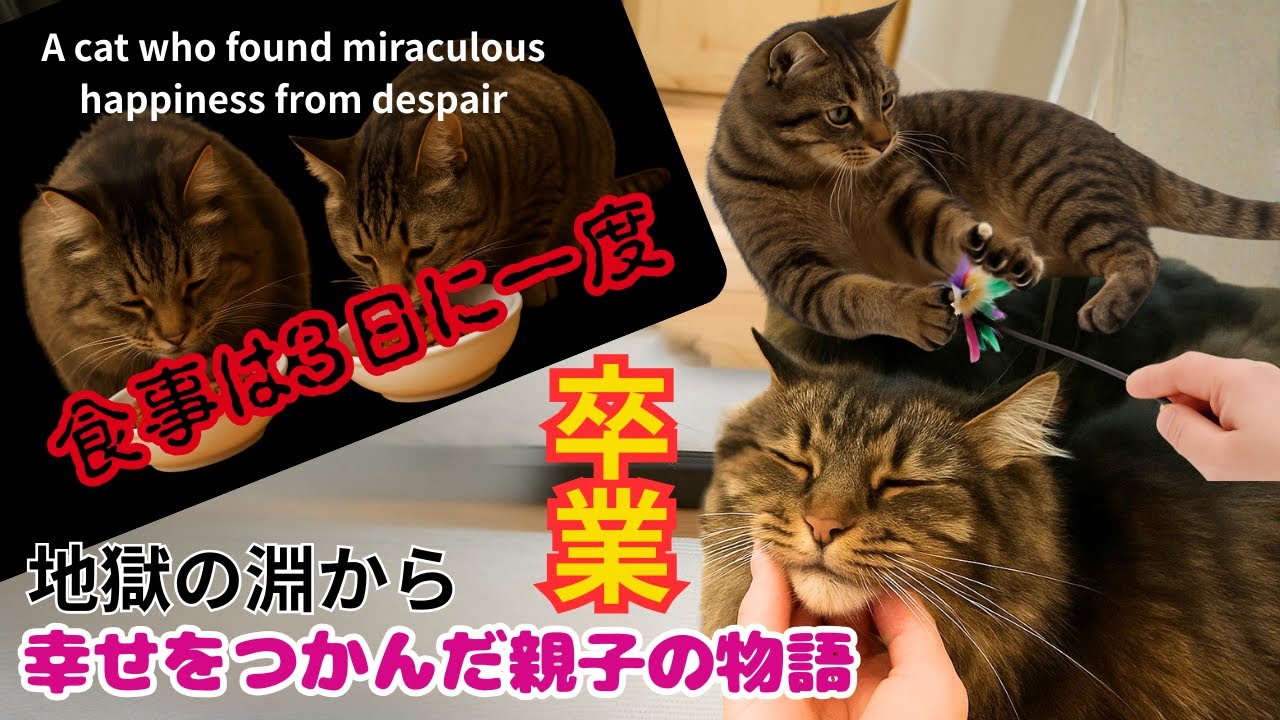 元飼い主が貧困で３日に一度の食事地獄の淵から幸せをつかんだキジトラ親子（保護猫カフェキャットスペース）A cat who found miraculous happiness from despair