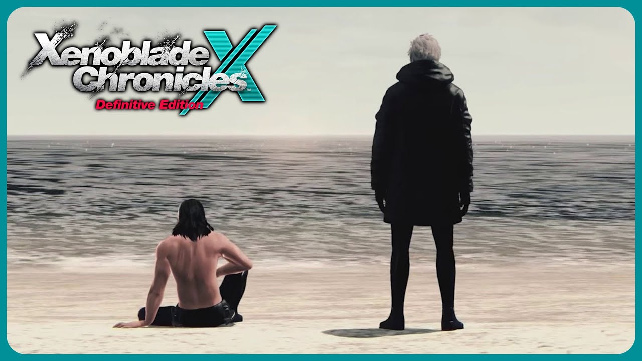Lao on the beach with hooded man - Xenoblade Chronicles X: Definitive Edition