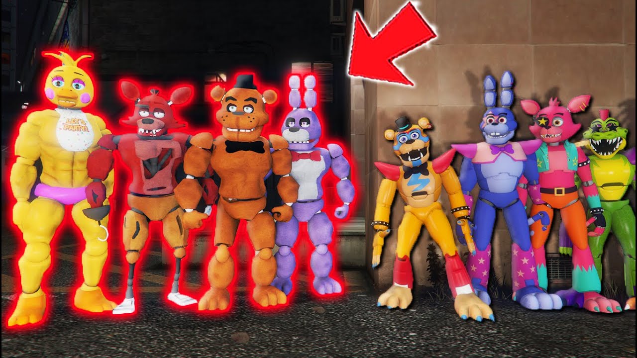 ALL BUFF ANIMATRONICS vs ALL GLAMROCK ANIMATRONICS (GTA 5 FNAF Mods)