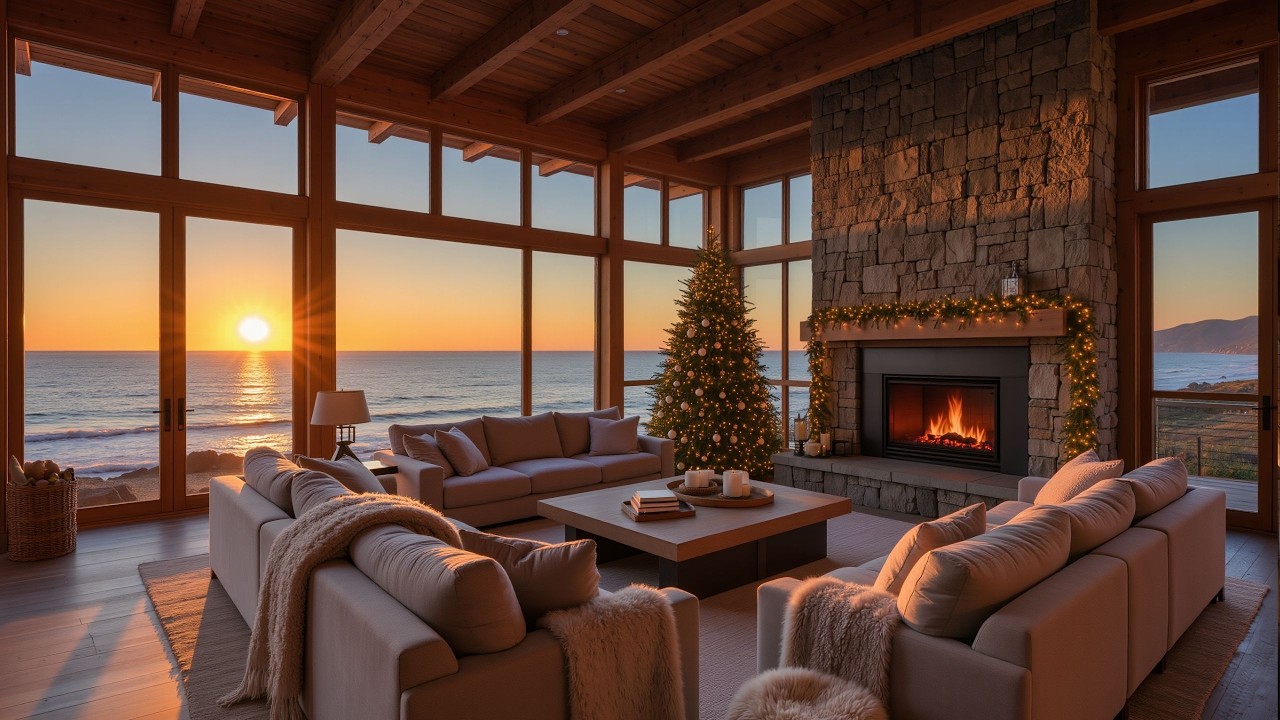 Sunset Ocean & Fireplace Ambience 🌅🔥 | 2 Hours Cozy Beach House Relaxation