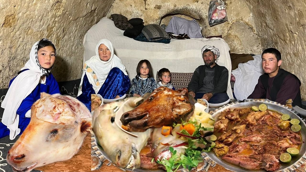 Eid al-Fitr family celebration with delicious Kale Pache Pilaf in the cave Village Life of Afghanist