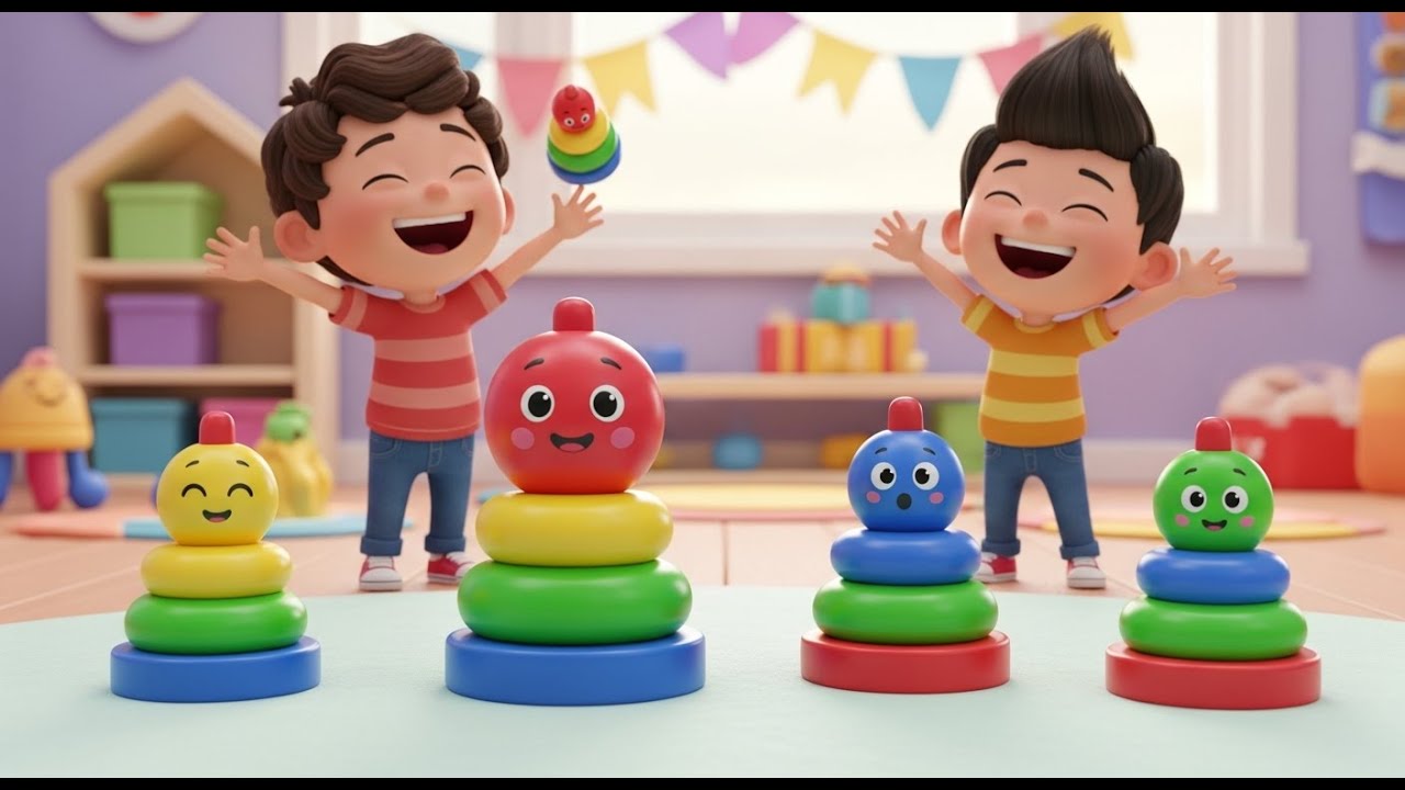 Четыре маленькие башни из разноцветных игрушечных колец | Изучение цветов и размеров. Нажмите AV1