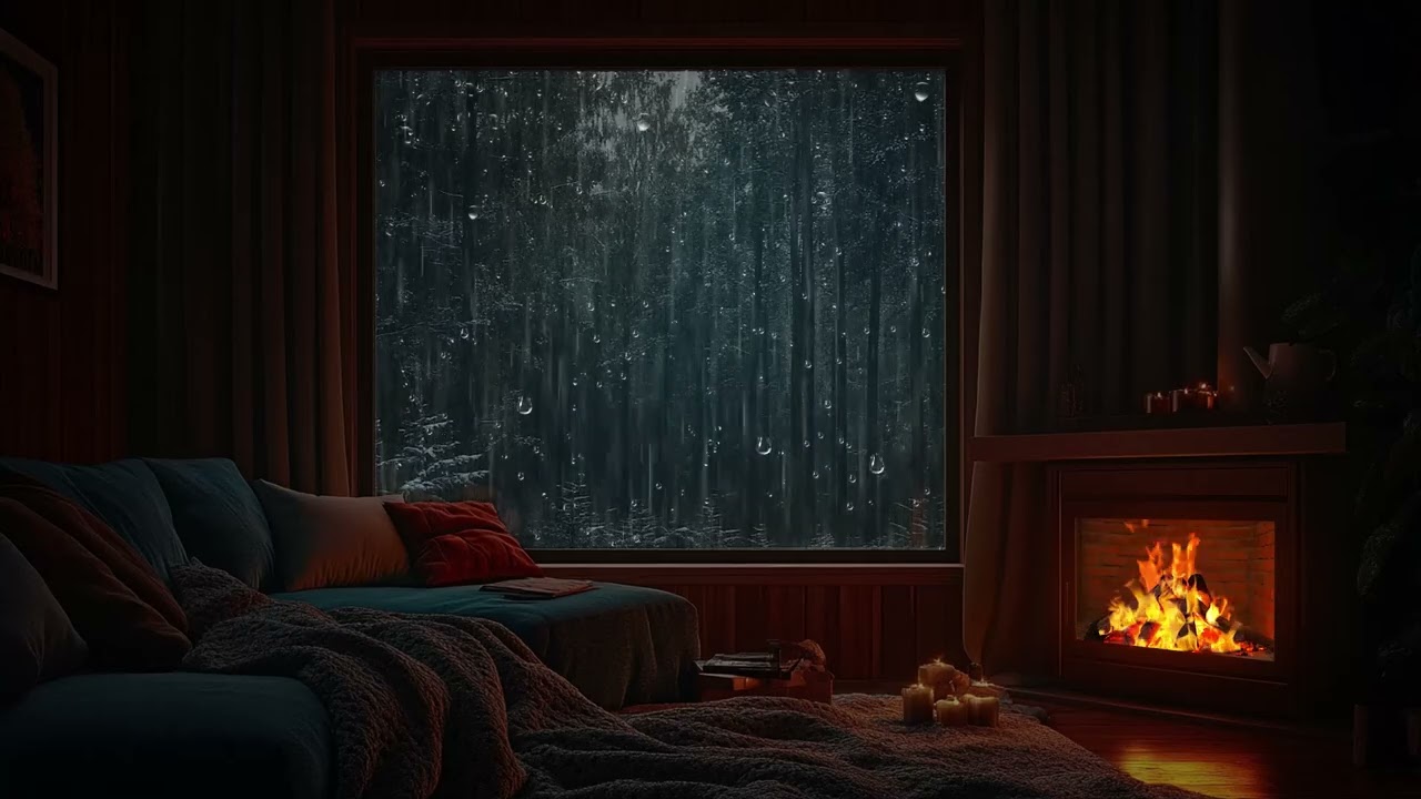 Warm Room Ambience in Forest with Fireplace and Rain Sounds for Relaxing and Sleeping