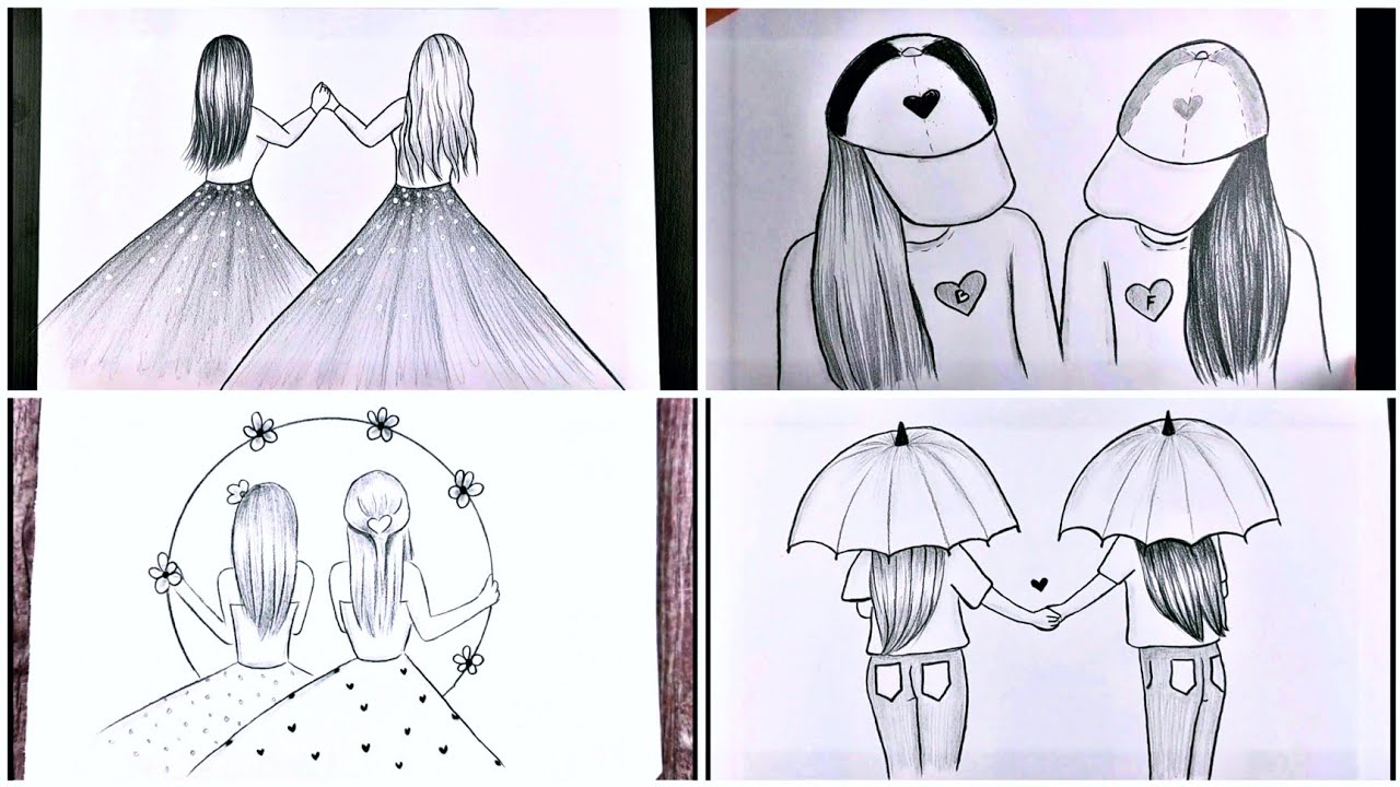 4 dibujos de mejores amigos / Tutoriales de dibujo a l&aacute;piz / BFF dibujo simple y f&aacute;cil
