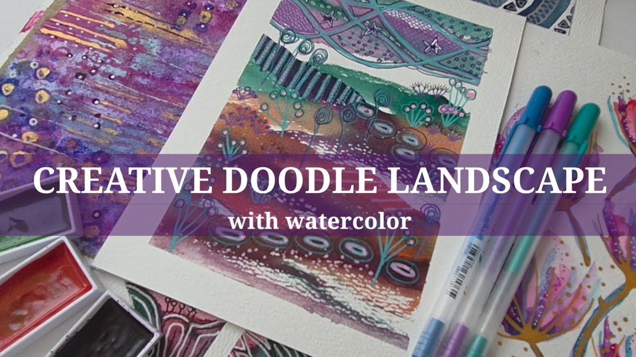 LET'S BE CREATIVE with MIXED MEDIA over ABSTRACT WATERCOLOR LANDSCAPE