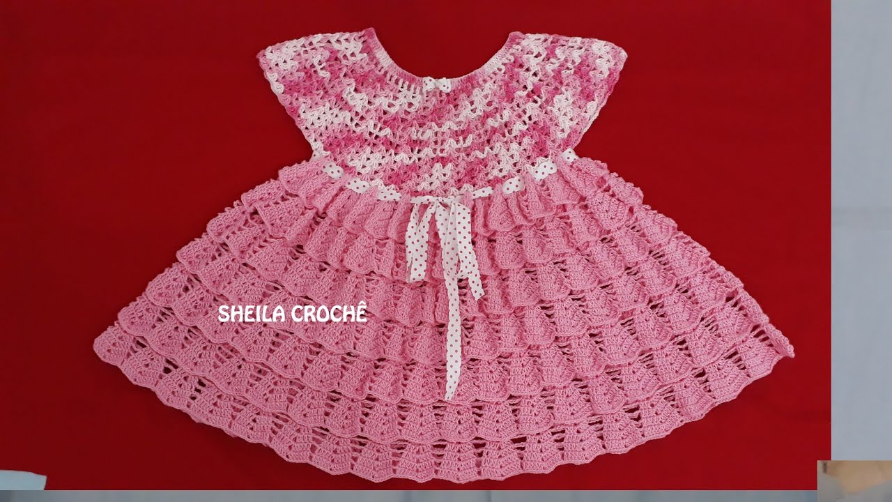 Vestido rosa Cléa5 de crochê para princesas de 1 a 2 ano .