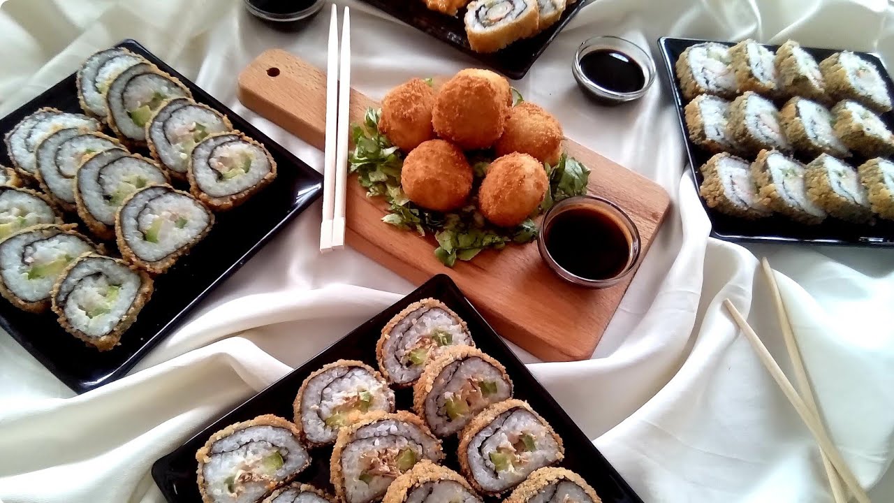 الأكلة الآسيوية :السوشي المقلي مع كويرات الأرز المحشية و المقرمشة 🥢🍣 how to make fried sushi at home