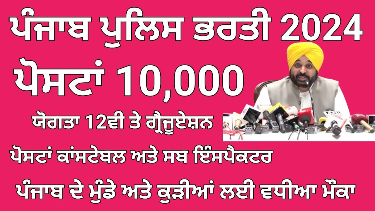 Punjab Police Recruitment 2024,10,000 Vacancies,Eligibility and Fee, Apply Online