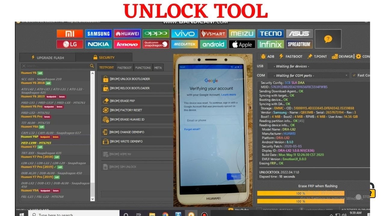 Huawei Y5 Prime DRA-LX2 FRP  Google Account Remove by  Unlocktool One Click game over 100%.
