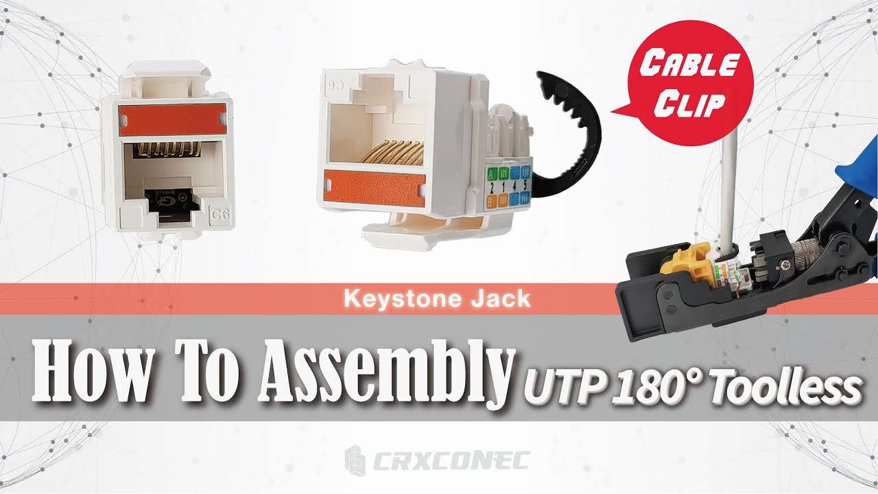 Using 2 in 1 termination tool assembles 90° cable clip-style RJ45 keystone jacks with color plate