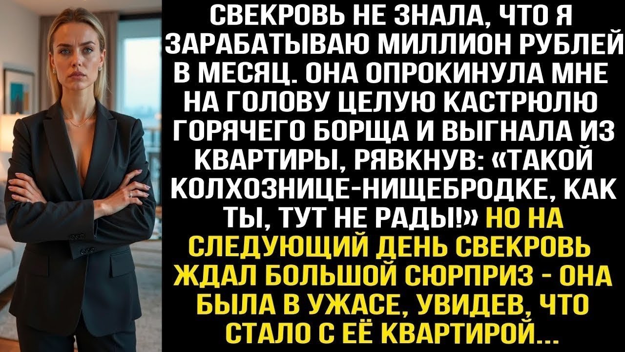 Свекровь не знала что я зарабатываю миллион рублей в месяц. Она облила меня горячим борщом и выгнала