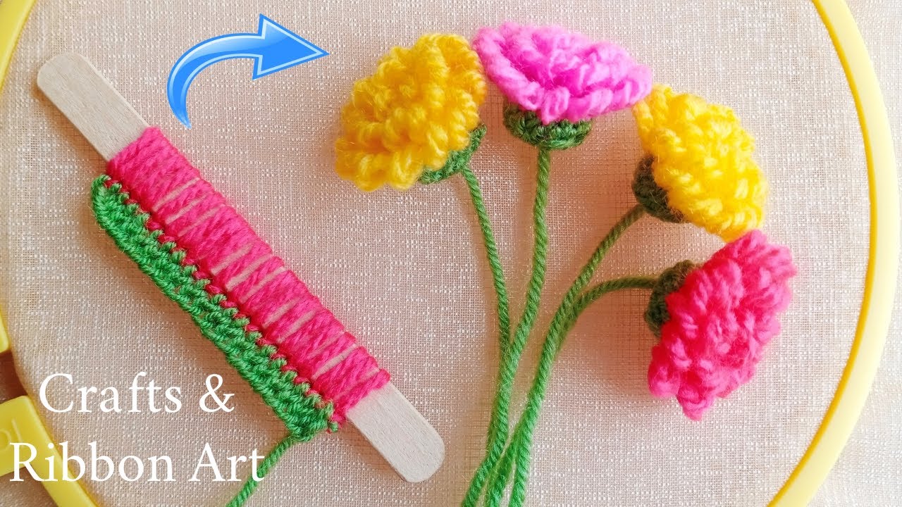 Easy Woolen Craft Ideas with Ice Cream Stick - Hand Embroidery Amazing Trick - DIY Woolen Flowers