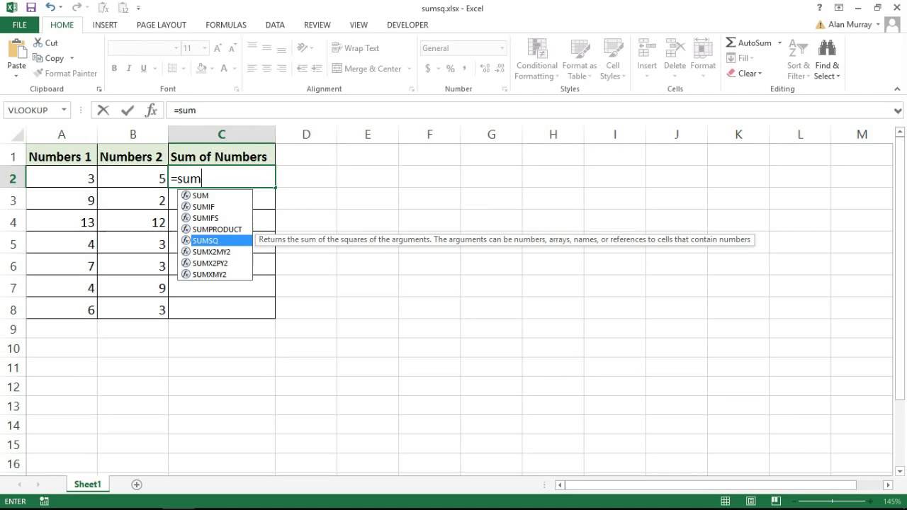 How to Use the SUMSQ Function in Excel
