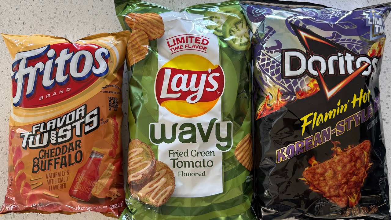 Doritos Korean style bbq, Lays fried green tomato, Fritos cheddar buffalo