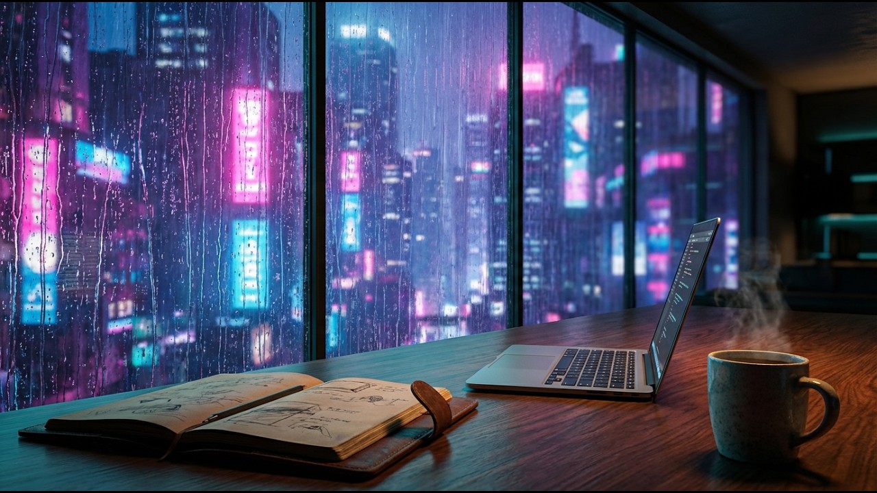 Cyberpunk Glass Room 🌧️ Rainy City Ambience for Focused Work