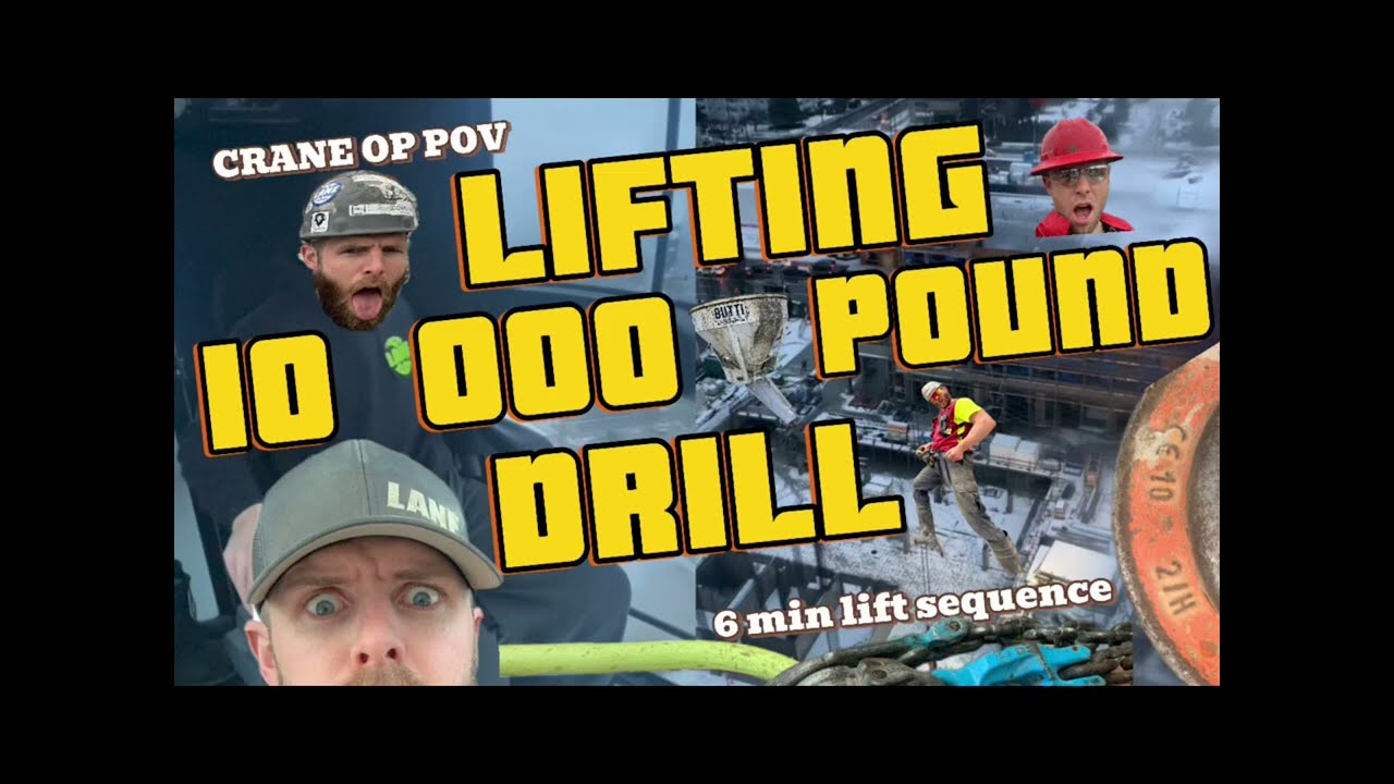 Tower Crane lifts 10,000 pound Drill into footing. Construction crane operator POV.