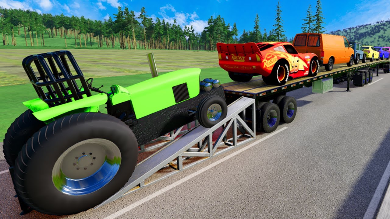 Flatbed Truck Mcqueen | Fun Transportation with Truck - Pothole vs Car #17 - BeamNG.Drive
