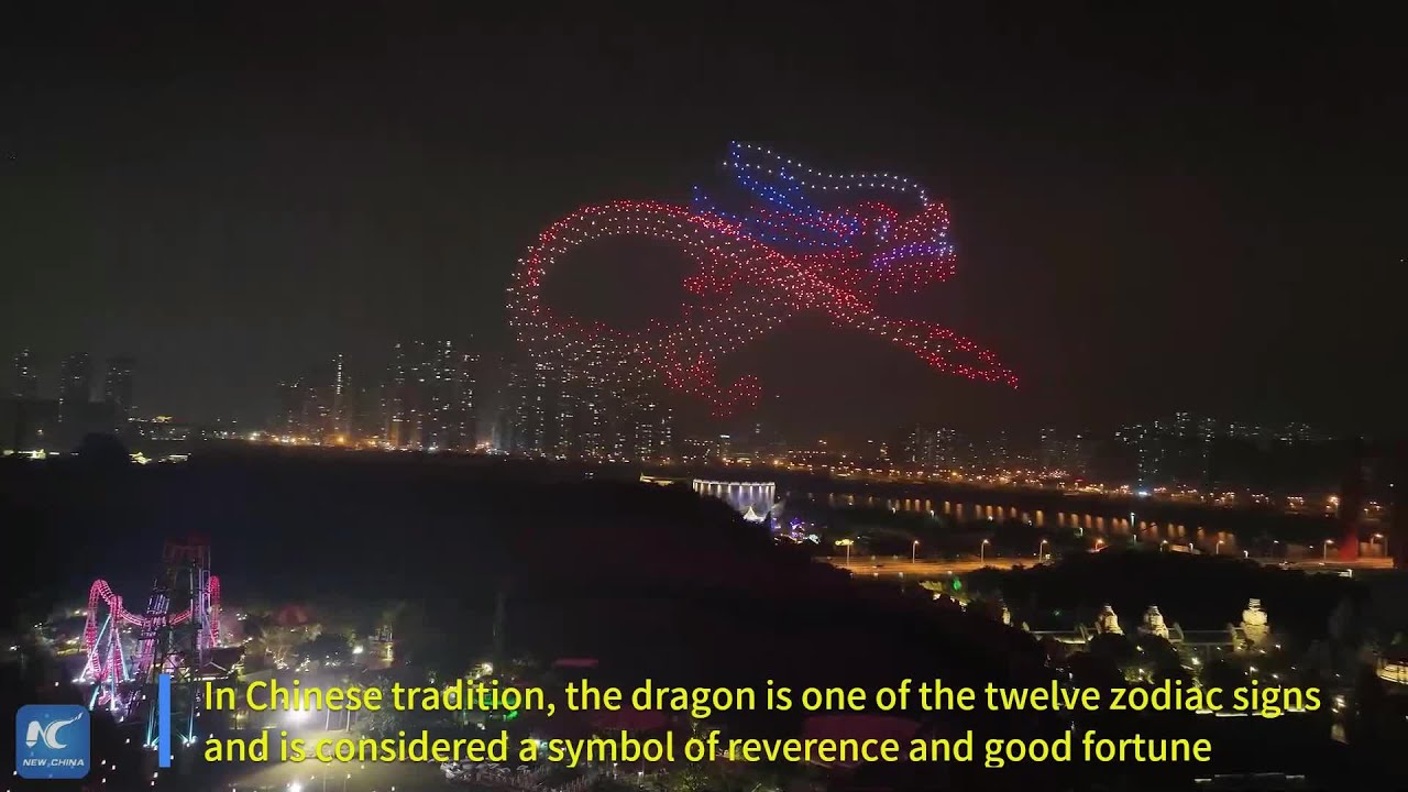 Drones in dragon formation illuminate Nanning to welcome the Year of the Dragon